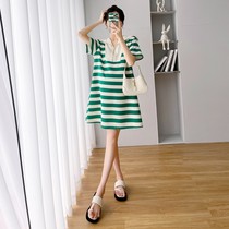 Pregnant women's skirt Summer thin money loose fashion Navy collar striped down foreign craze tide mom little pregnant woman dress