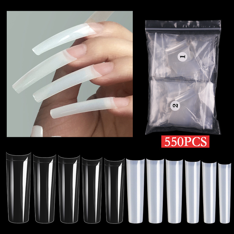 Curved French Square Tip T-Shaped Fake Nail Tips, Extended Transparent Seamless Shallow Hook-On Nail Tips