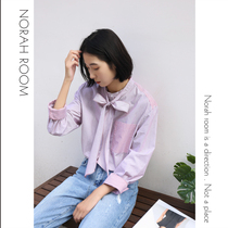 No Xiaola genuine Korean brand spring new bow webbing stitching striped shirt blue and red cuff embroidery