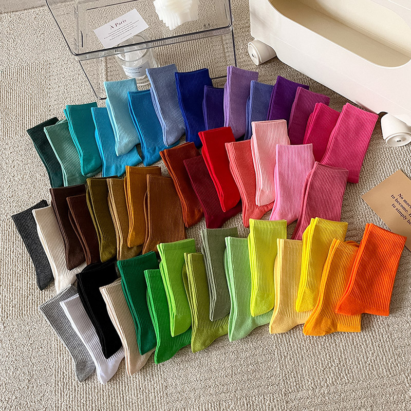 Colorful Socks for Women, Spring and Autumn, Pure Cotton Mid-Calf Socks, Solid Color ins Trendy Rainbow Angora Red Candy-Colored Long Socks