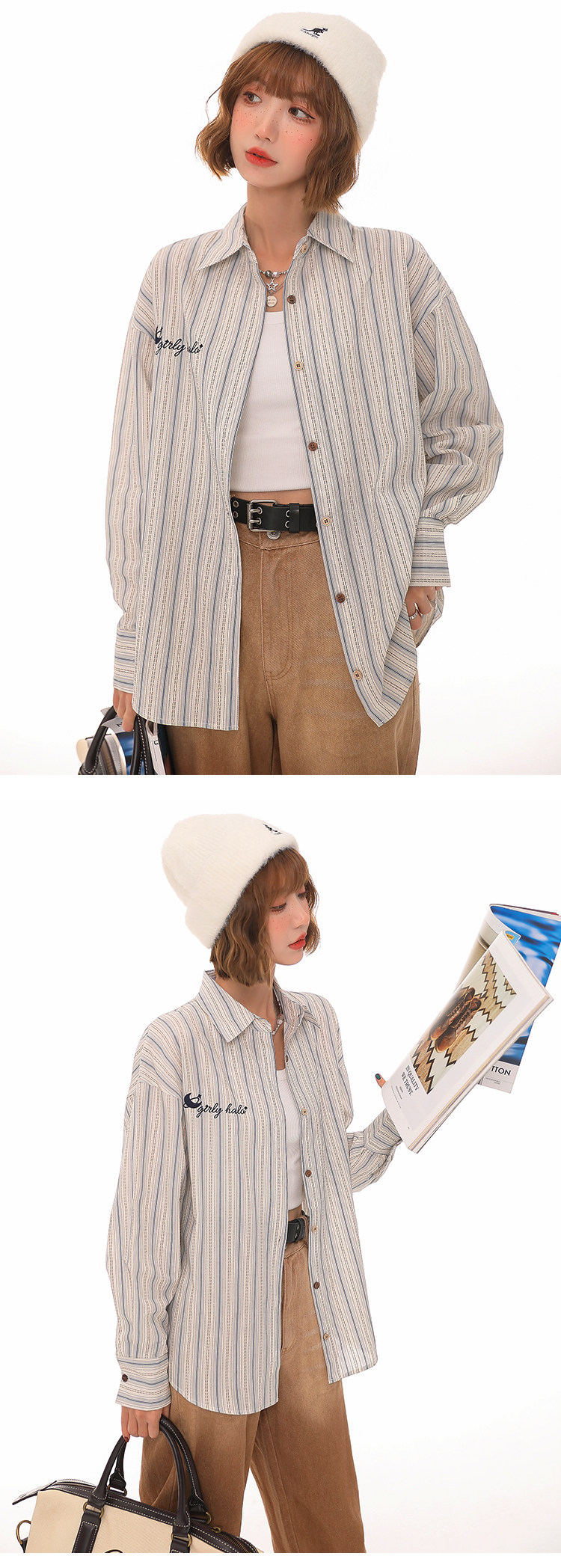 Girlyhalo институт ветер полоса осень и зима дикий поездка свободный рубашка с длинными рукавами куртка тонкий 