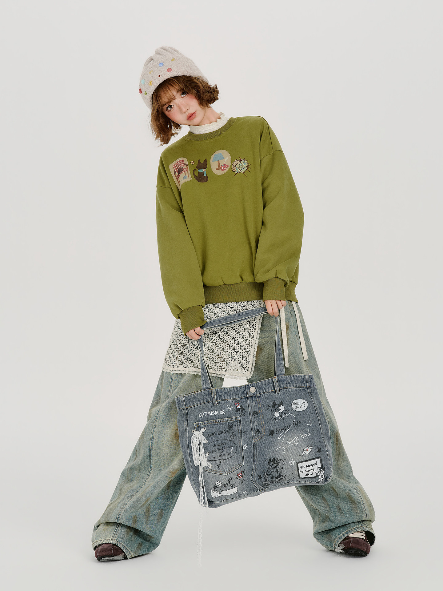Girlyhalo Washed Denim Cartoon Graffiti Large-Capacity Crossbody Bag