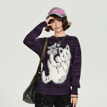 Girlyhalo american retro jacquard knitted pullover round neck sweater for women autumn new loose lazy top