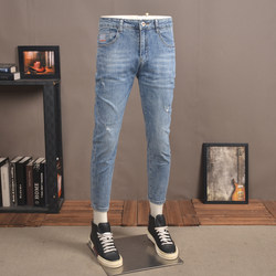 2024 Summer Thin Ripped Nine-Point Jeans Men's Stretch Slim Trendy Washed Casual Light Color Small Leg Pants