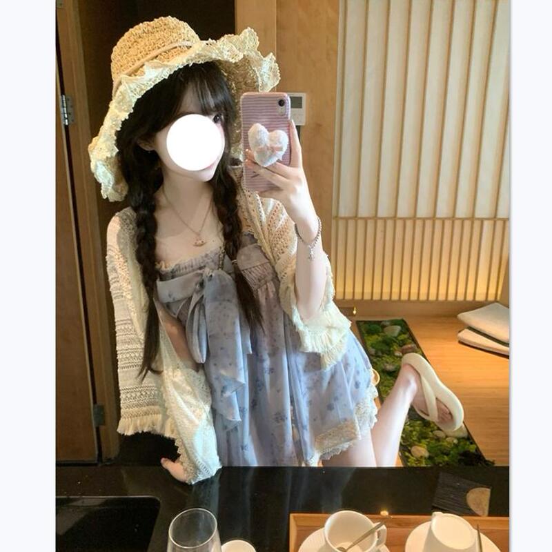 Iris Letter Spring and Summer New Atmosphere Vintage Purple Floral Lace Vacation Suspender Skirt Shawl Small Suit