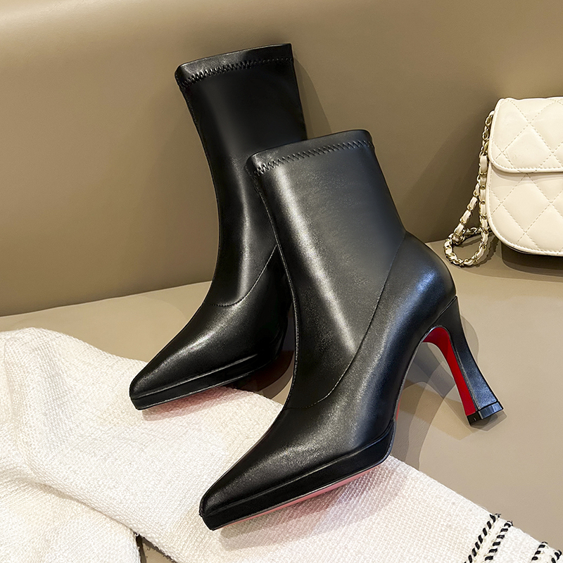 2026 New Style Black Red-Soled High-Heeled Short Boots for Women, Pointed Toe Elastic Sock Boots, Slimming and Versatile Autumn and Winter Boots with Thin High Heels 2026 New Style Black Red-Soled High-Heeled Short Boots for Women, Pointed Toe Elastic Sock Boots, Slimming and Versatile Autumn and Winter Boots with Thin High Heels