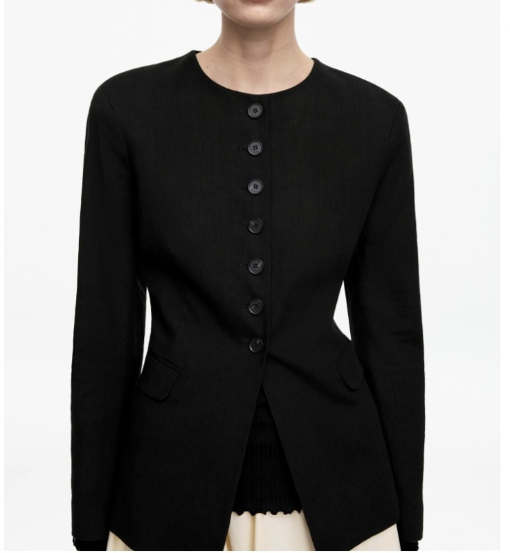 Ark Women's Clothing Cotton and Linen Blend Slim Fit Round Neck Blazer Black 1268336001