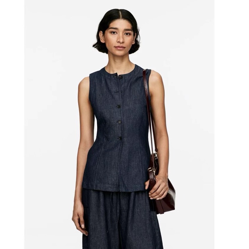 Ark Women's Cotton and Linen Minimalist Old Money Style Vest Round Neck Denim Tank Top 2025 Summer New Model 1270381001