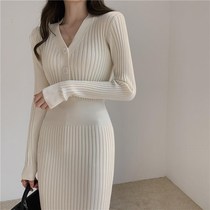 Fit coat long style sweater dress with a knee spring and fall outside the house Hip Ocean Qis bottom knitted one-piece dress