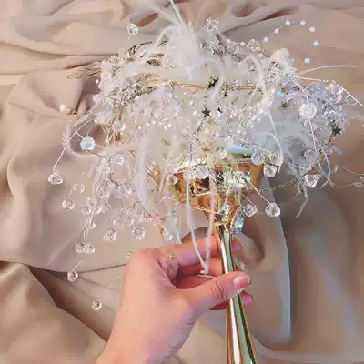 Palace style luxury heavy handmade hand-held flower crystal feather bouquet Bride wedding gift scepter pinky22