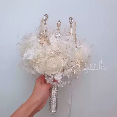 Champagne eternal flower white feather handmade customized high-end Korean hand bouquet bride wedding pinky22 wedding