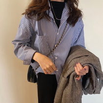 European station blue striped shirt female design sense niche new 2021 spring and autumn summer loose coat top