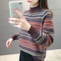 European station striped bottom half turtleneck sweater women 2021 autumn and winter New style thick loose outside wear base shirt