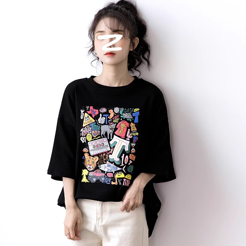 European Station Tide Mills black t-shirt woman 2023 New summer loose middle sleeves Long of pure cotton lins blouses-Taobao