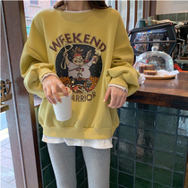 Tide brand fake two pieces of sweater women loose plus velvet round neck without hat 2021 New Korean version of long top