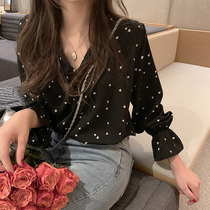 European Station black shirt female design sense niche new 2021 spring and autumn summer floral chiffon long sleeve shirt