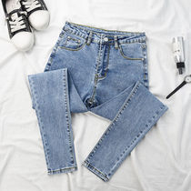 European station light blue jeans female size thin 2021 spring and autumn winter New elastic small foot ankle-length pants