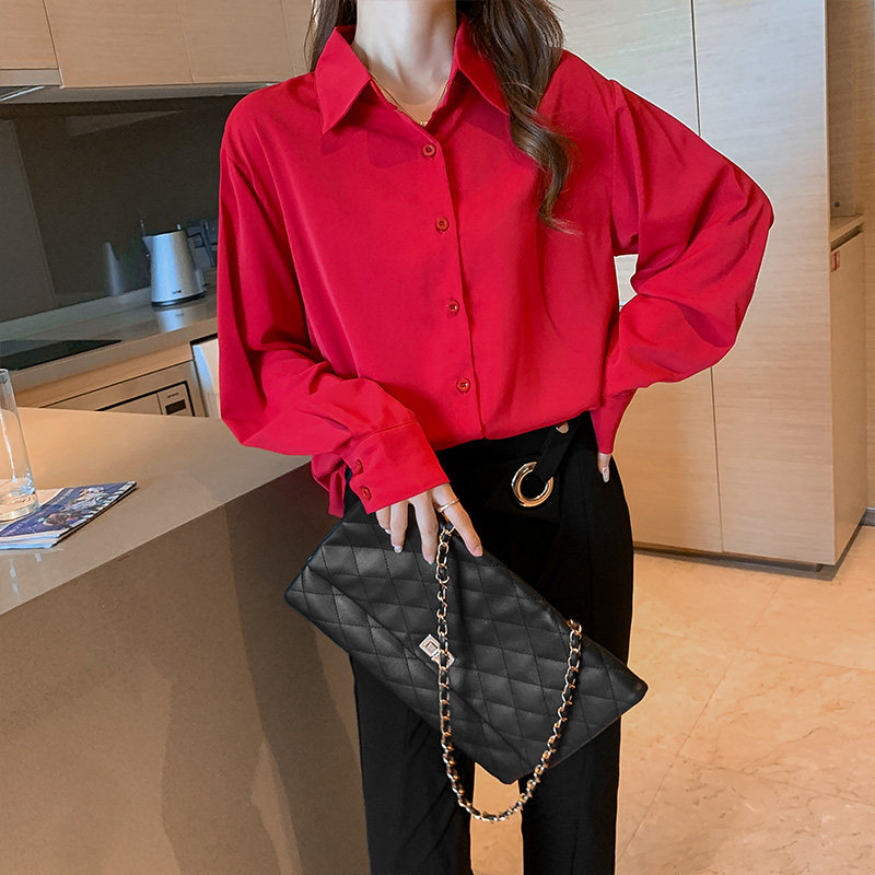 European station red shirt women's design sense niche 2022 new spring, autumn and winter long-sleeved temperament chiffon top