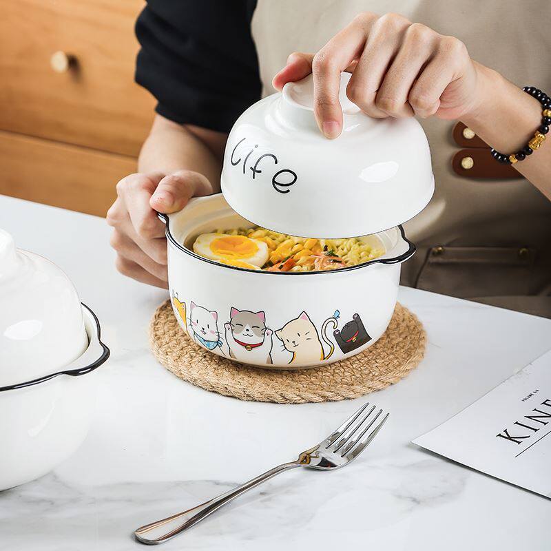 Bowl with lid and lid cute baby steam bowl Bowl with follicle ceramic student dormitory fine microwave available