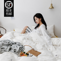 Simple cotton water wash cotton four-piece embroidery literary hipster cotton quilt cover bed sheet hat girl heart bed