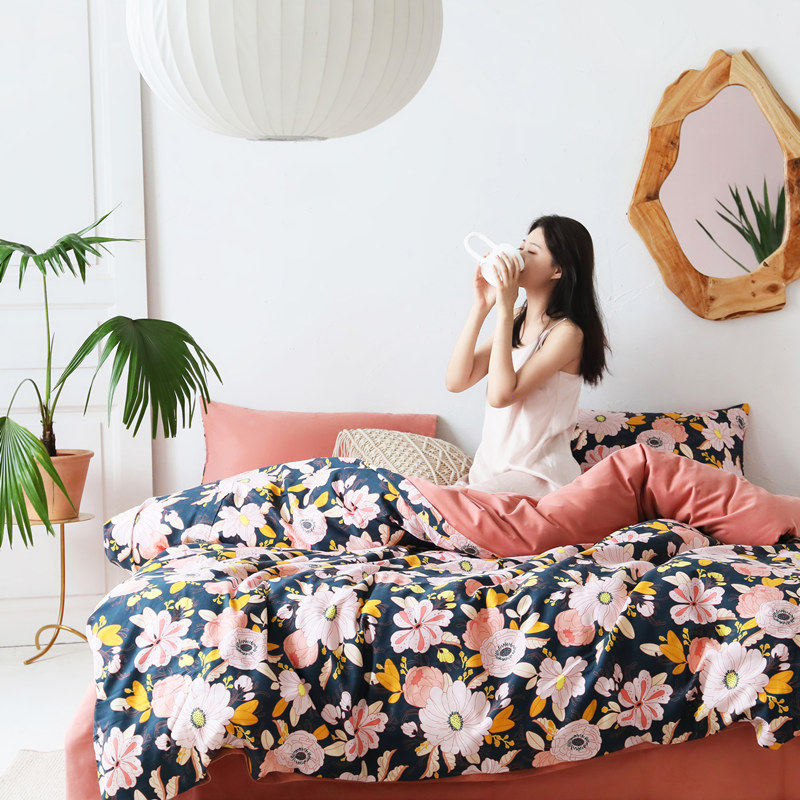 Fall New Product Brief Nordic Wind Printed Mill Wool Full Cotton Four Pieces Small Fresh Raveled Pure Cotton Bed Bedding