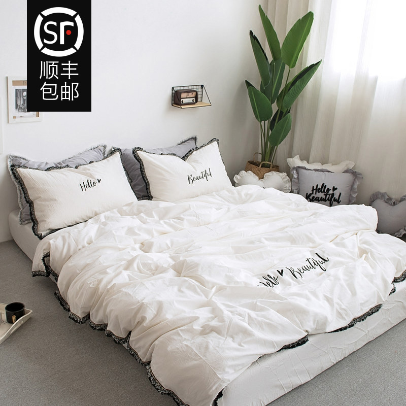 Minimalist all-cotton embroidered washed cotton four pieces of set flow Su florian lace pure color American princess windy cotton bed supplies