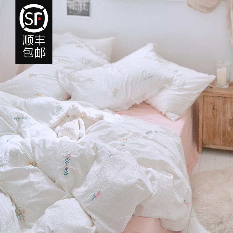 Simple cotton washed cotton four-piece set Pastoral small fresh embroidery cotton quilt cover bed single bed Li bedding