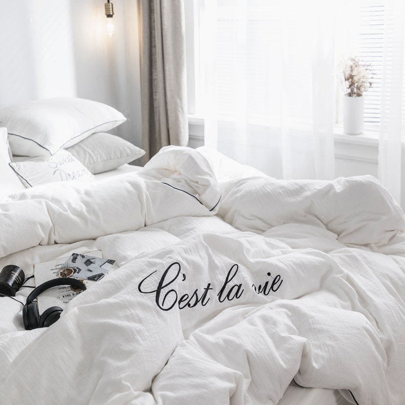 Minimalist full cotton double layer gauze Four pieces Embroidery Pure Color Nordic Wind Soft Pure Cotton Quilt Cover Bed bedding