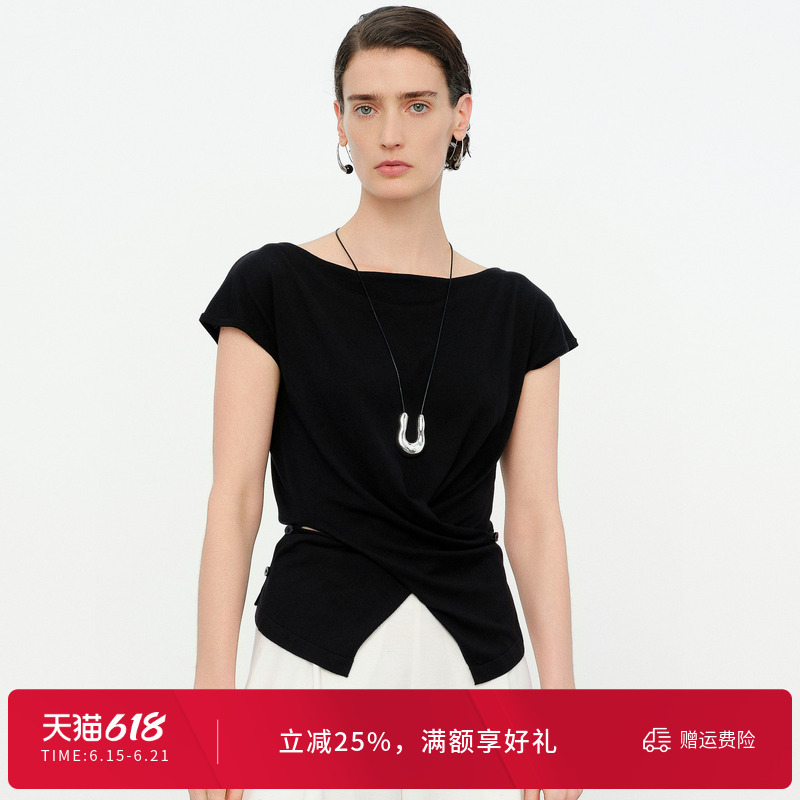 Wandian 2026 Summer New Black Casual Style Wool Knit Sweater Off-Shoulder Pullover 1252W12Jd3