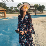 Fudian 2018 mùa hè mới của phụ nữ quần áo màu xanh lá cây dưới dài tay đầm 1172N89473