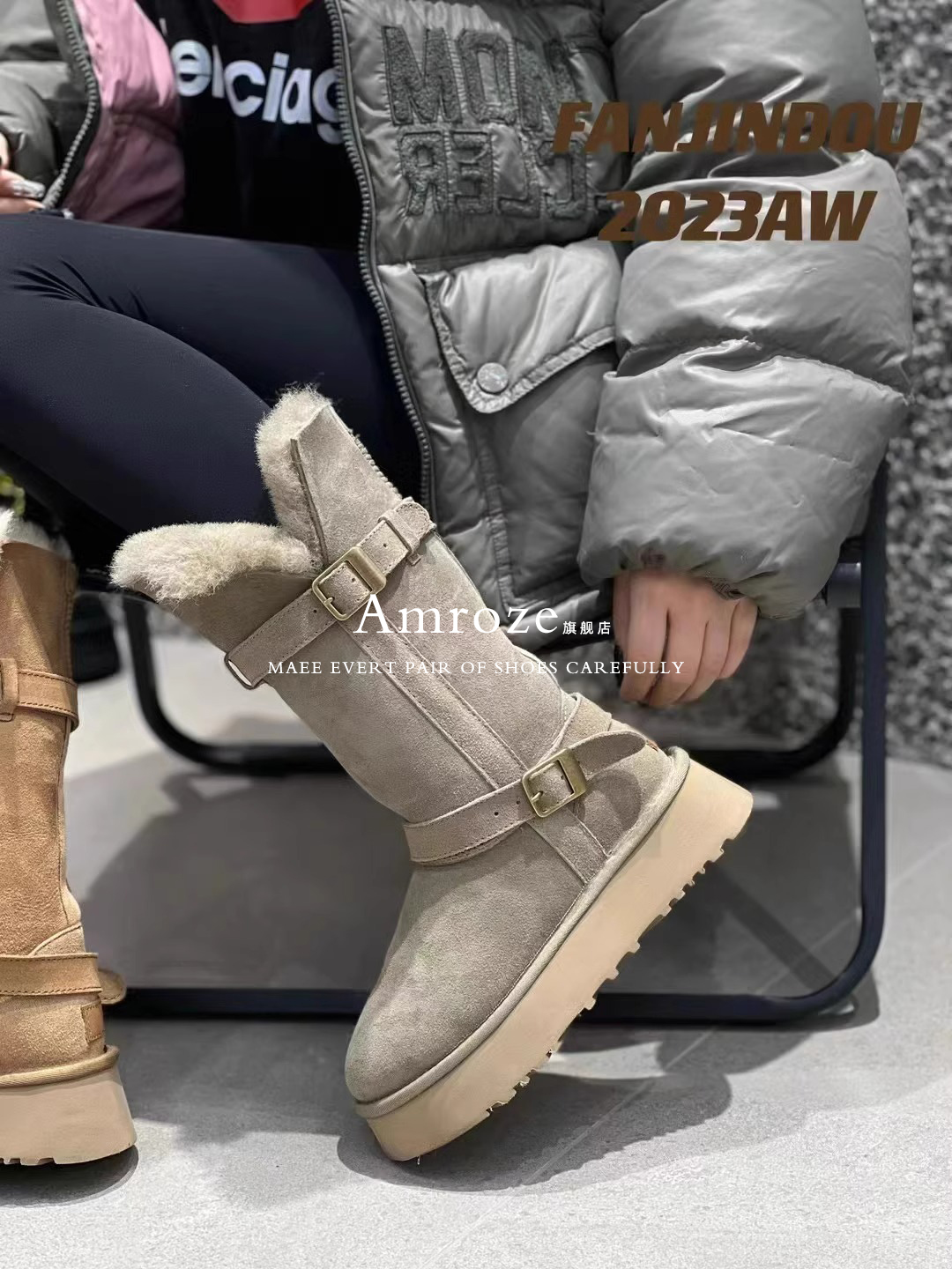 Amroze small red book exploits ~ warm northeast leather wool integrated snow boots woman new double belt buckle midcylinder boot-Taobao