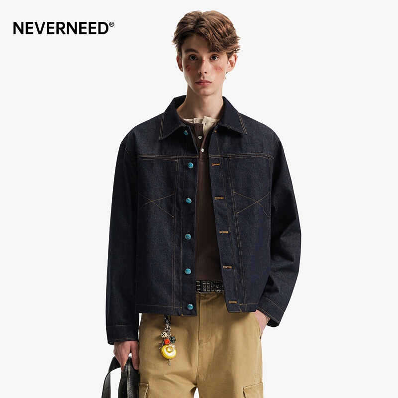 Neverneed Silhouette Short Denim Jacket with Natural Color Lapel for Men and Women, Autumn Turquoise American Workwear Jacket