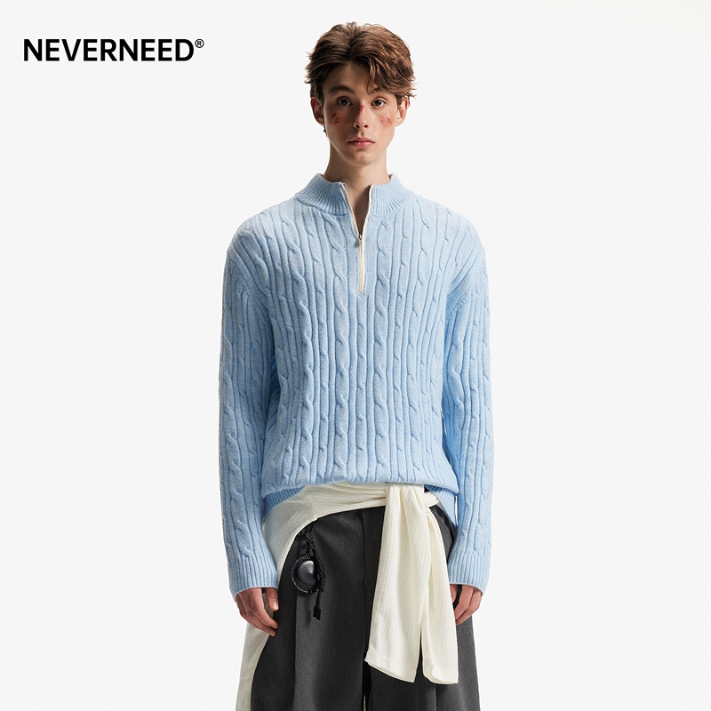 Neverneed Sheep Wool Twist-Knit Sweater for Men and Women, Autumn American Retro Vibe Half-Zip Top Trendy