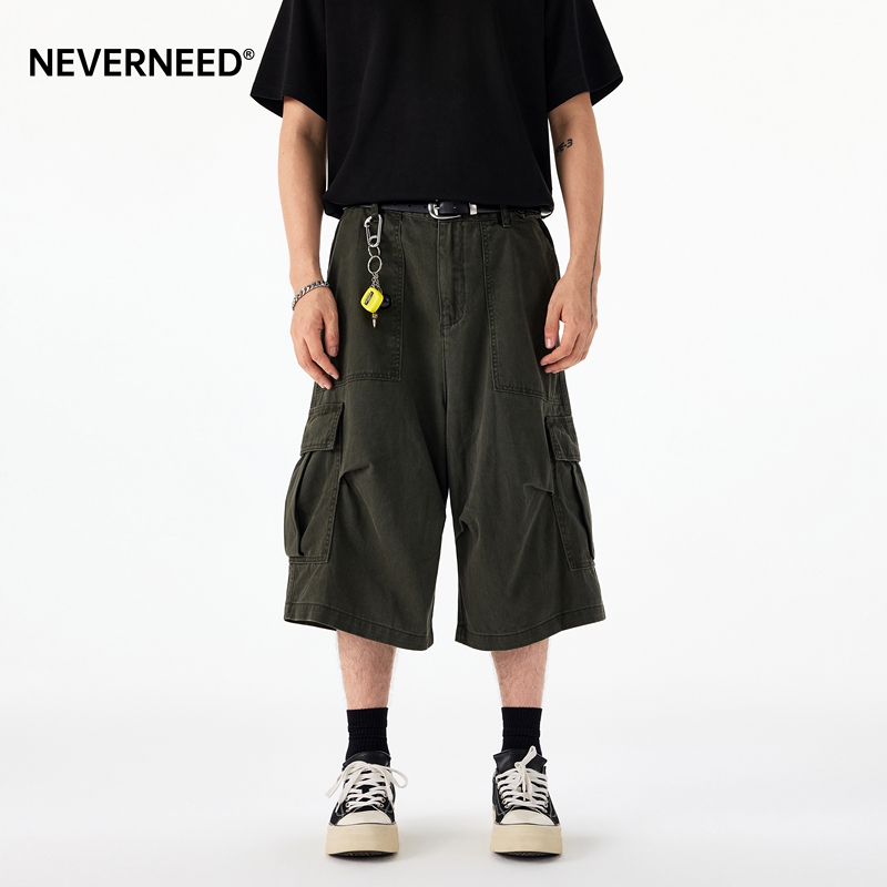 Neverneed Multi-Pocket Straight Casual Cropped Pants Unisex Summer American Cleanfit Wide-Leg Shorts Trendy