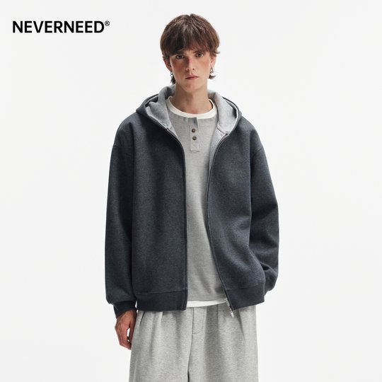 NEVERNEED American cleanfit sudadera con capucha para hombres y mujeres boxy short doble cremallera contraste cardigan chaqueta