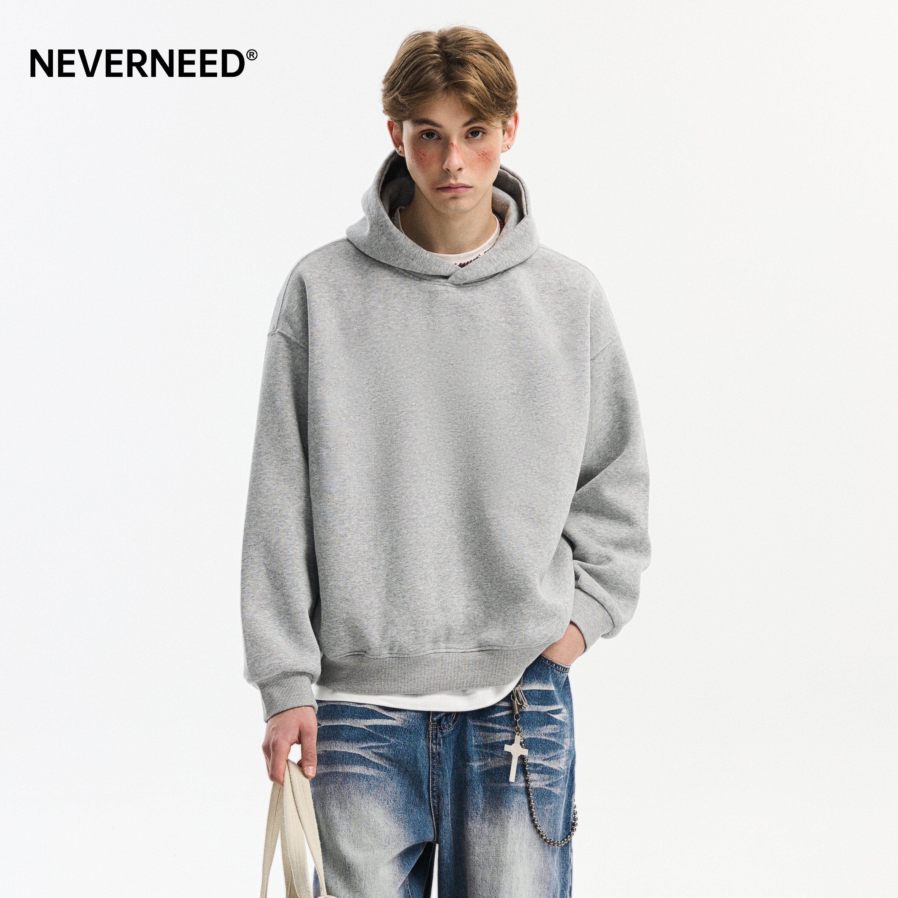 NEVERNEED灰色重磅加绒连帽套头休闲上衣男女秋冬季短款boxy外套帽衫