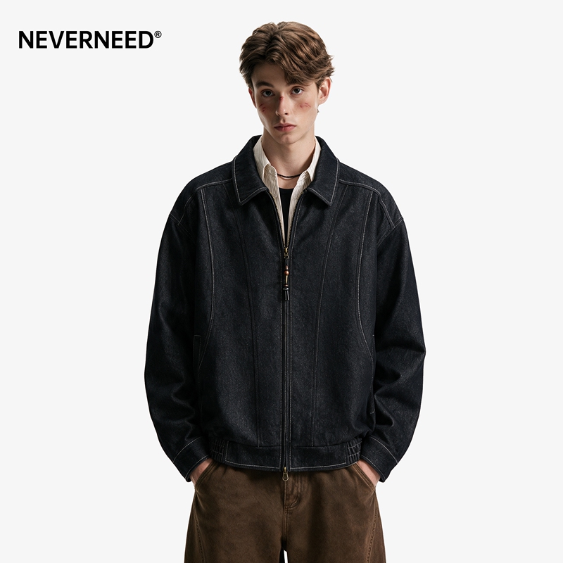 Neverneed Double Zipper Lapel Original Color Denim Jacket for Men and Women, Autumn American Retro Short Washed Jacket Neverneed Double Zipper Lapel Original Color Denim Jacket for Men and Women, Autumn American Retro Short Washed Jacket