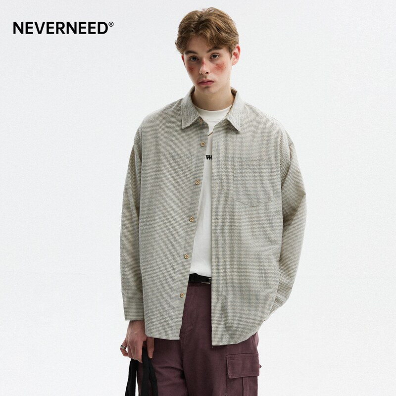 Neverneed Bubble Gauze Textured Plaid Long-Sleeved Shirt for Men, Spring American Style Trendy Casual Couple Shirt