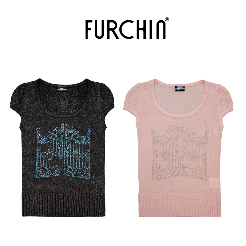 Furchin Ss2026 Shining Gate Rhinestone Large Neckline Knitted Short Sleeve Furchin Ss2026 Shining Gate Rhinestone Large Neckline Knitted Short Sleeve
