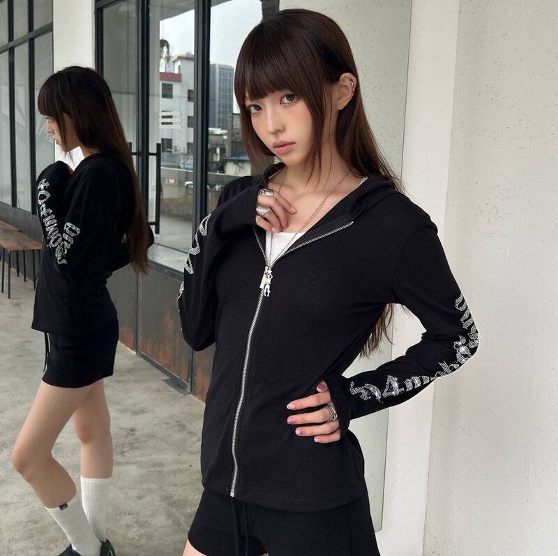 Summer American-Style Letter Star Rhinestone Black Hooded Zipper Sun Protection Jacket Women's Long-Sleeve Casual Jacket Summer American-Style Letter Star Rhinestone Black Hooded Zipper Sun Protection Jacket Women's Long-Sleeve Casual Jacket
