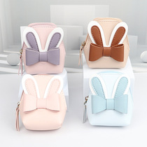Korean style fashion simple rabbit ears bow coin purse pu leather coin bag card bag key chain zipper short
