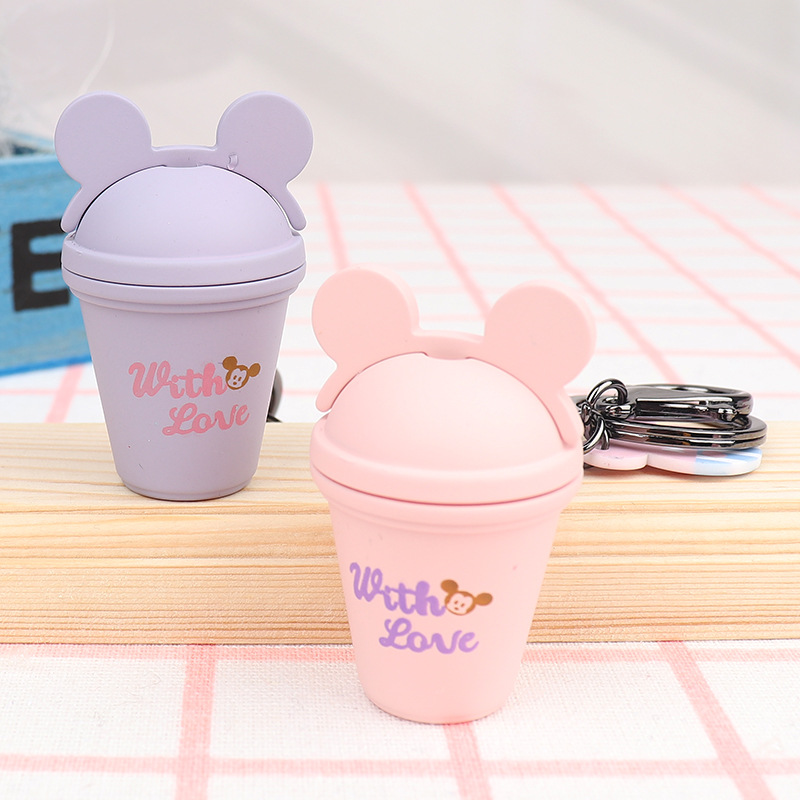 Korea Mickey head milk tea cup flashing light keychain car key accessories bag pendant origin supply small gift