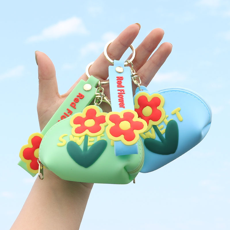 Pure color new fashion coin purse small red flower earphone bag zipper wrist rope key chain accessories lady bag pendant