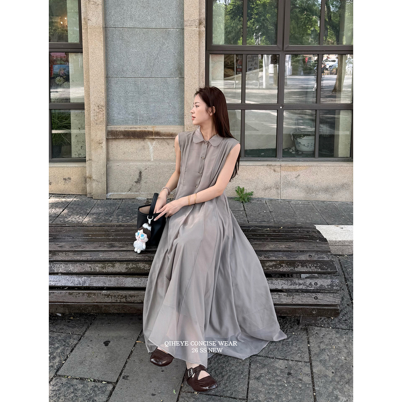 Qiheye Long Mist Gray Gauze Dress with Heavy Workmanship and Large Skirt, Breathable and Airy Long Dress for Women, Summer