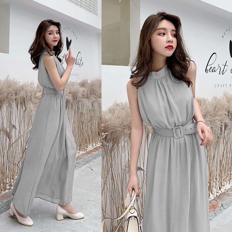 2026 Summer New Chiffon Dress Korean Style Women's Slim Fit Elegant Long Sleeveless Dress Beach Dress