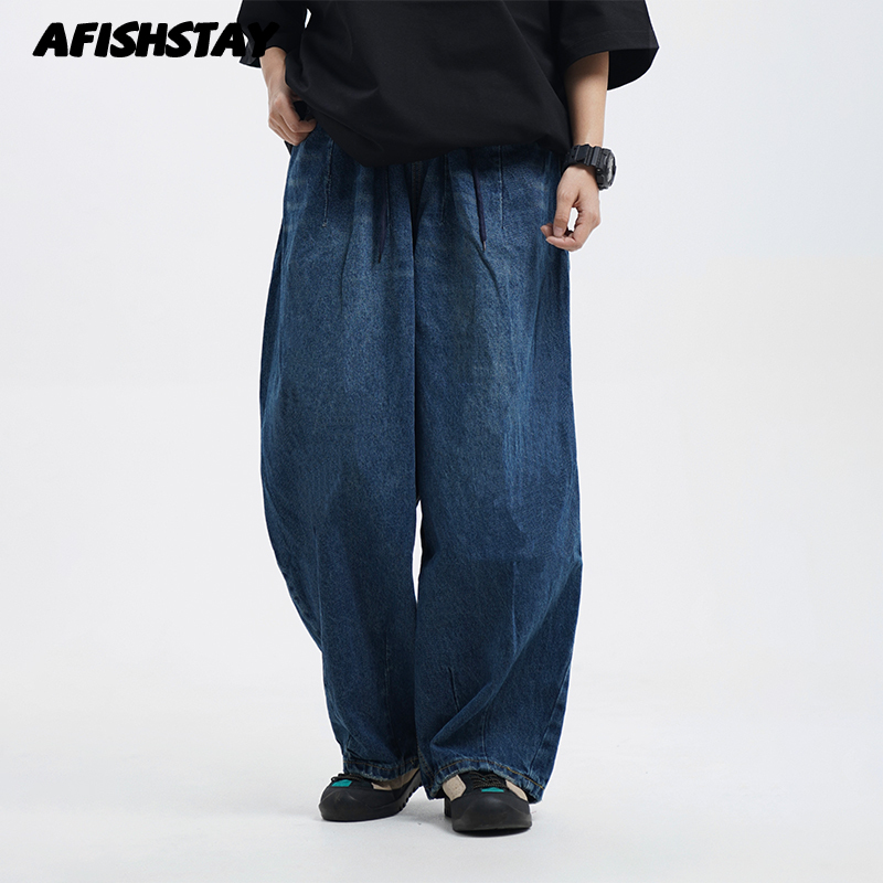 Ayudai American Retro Washed Vintage Blue Wide-Leg Jeans for Men, Spring and Autumn Loose Trendy Brand Floor-Length Pants for Women
