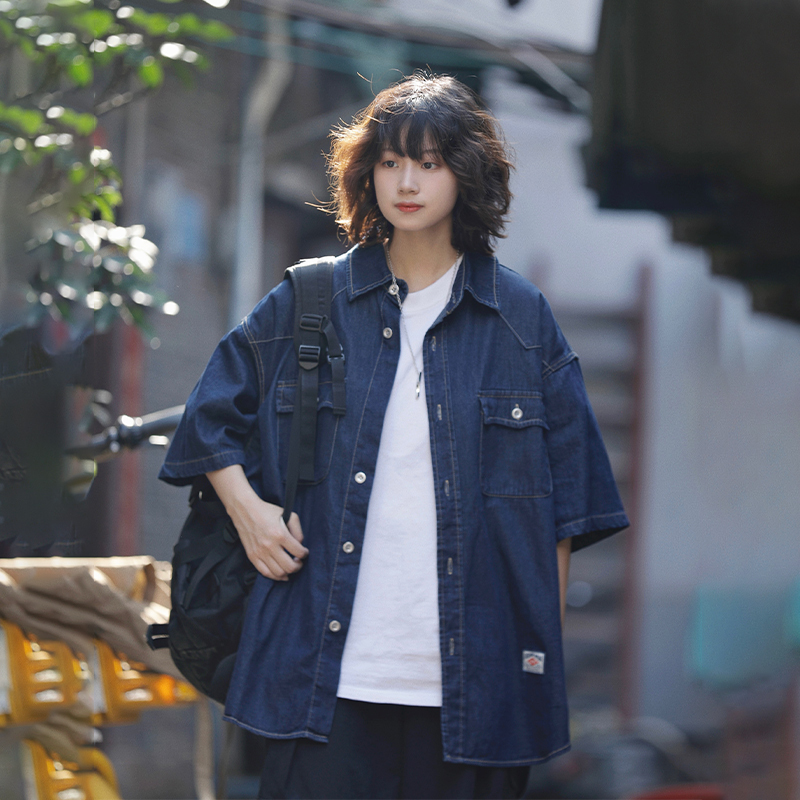 Ayudai Summer Japanese Retro Denim Washed Short-Sleeve Shirt Loose Street Style Multi-Pocket Couple Half-Sleeve Shirt
