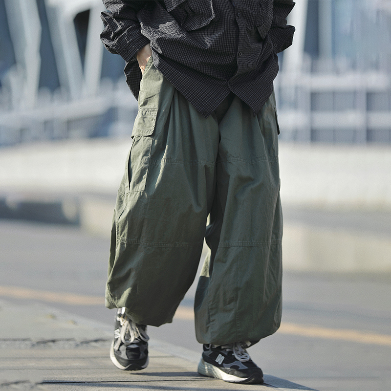 Ayudai Japanese Retro Trendy Drawstring Jogger Multi-Pocket Cargo Pants Unisex Loose Casual Wide-Leg Trousers