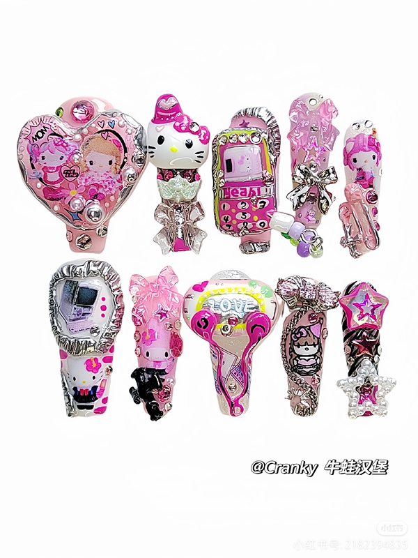 Original Subculture Y2K Tamagotchi Kitty Phone Girl Retro Nostalgic Pink Wearable Nails Millennium Manicure