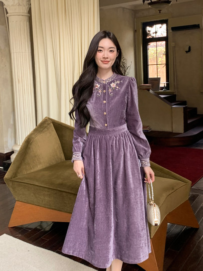 Gertcorel2025 New Winter New Chinese Style Waist-Cinching Long Dress Elegant Dark Purple Chenille Dress for Women
